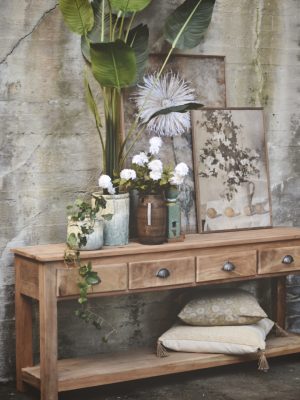 Vintage konsollbord m 4 skuffer natur, 180x40x76cm